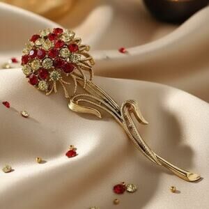 Vintage Coro Rhinestone Flower Brooch Pin Orange Gold Tone